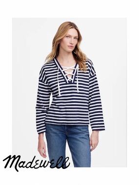 🆕 NWT Madewell Lace-Up Long-Sleeve Tee in Stripe